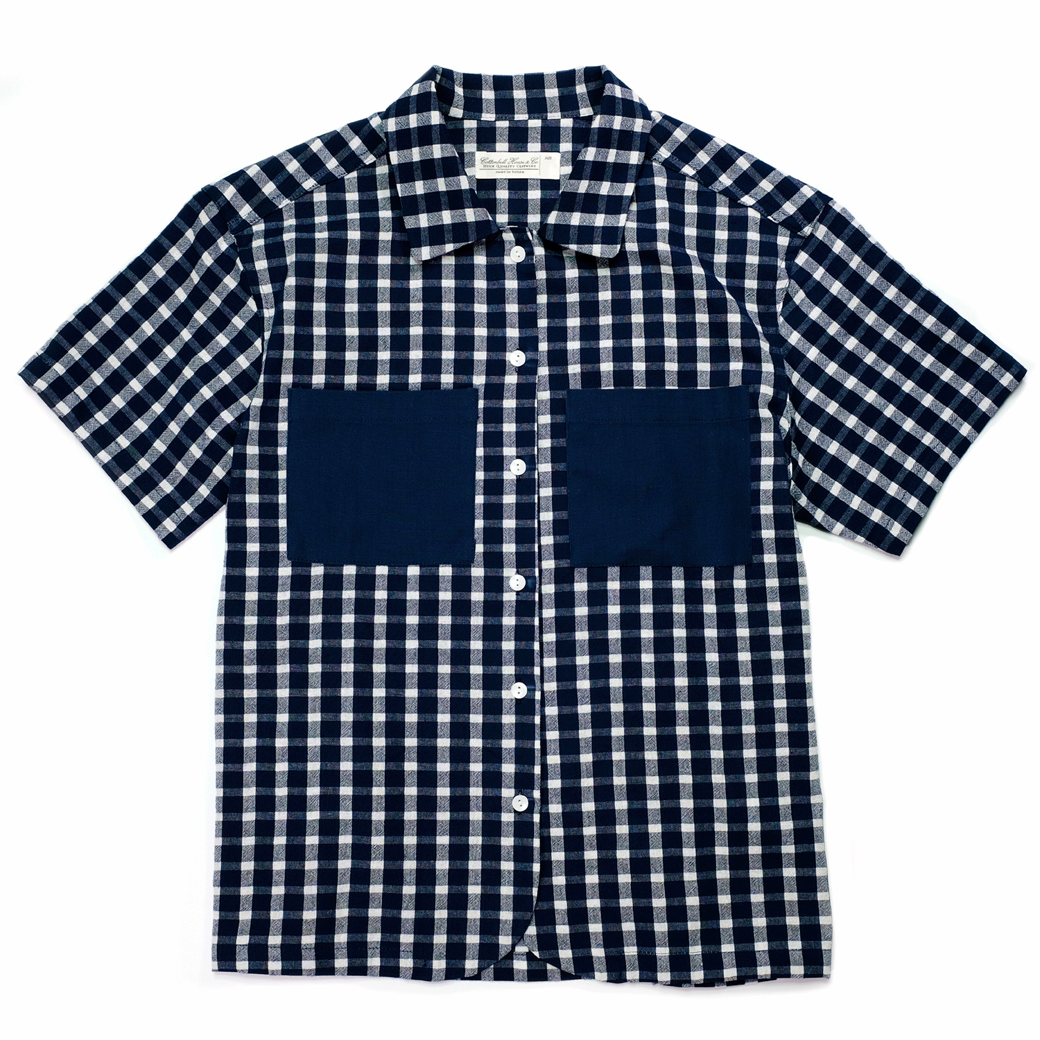 Check Two-Tone Open Collar Shirts - Navy